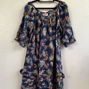 Vintage Nani Hawaii Blue Floral Tiered Midi Dress Size 3/4Sleeve Size M/L (READ)